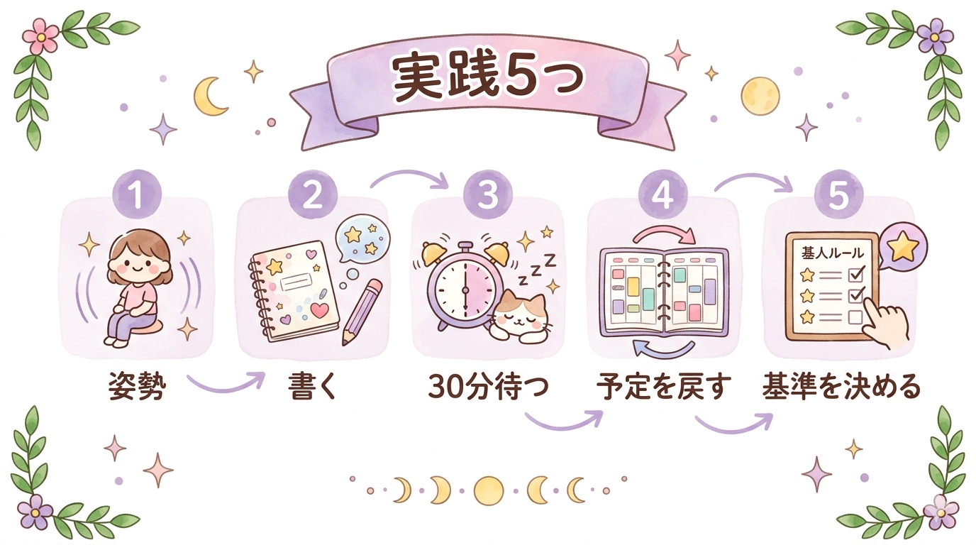 日常でできる波動を合わせる実践方法をまとめたイラスト