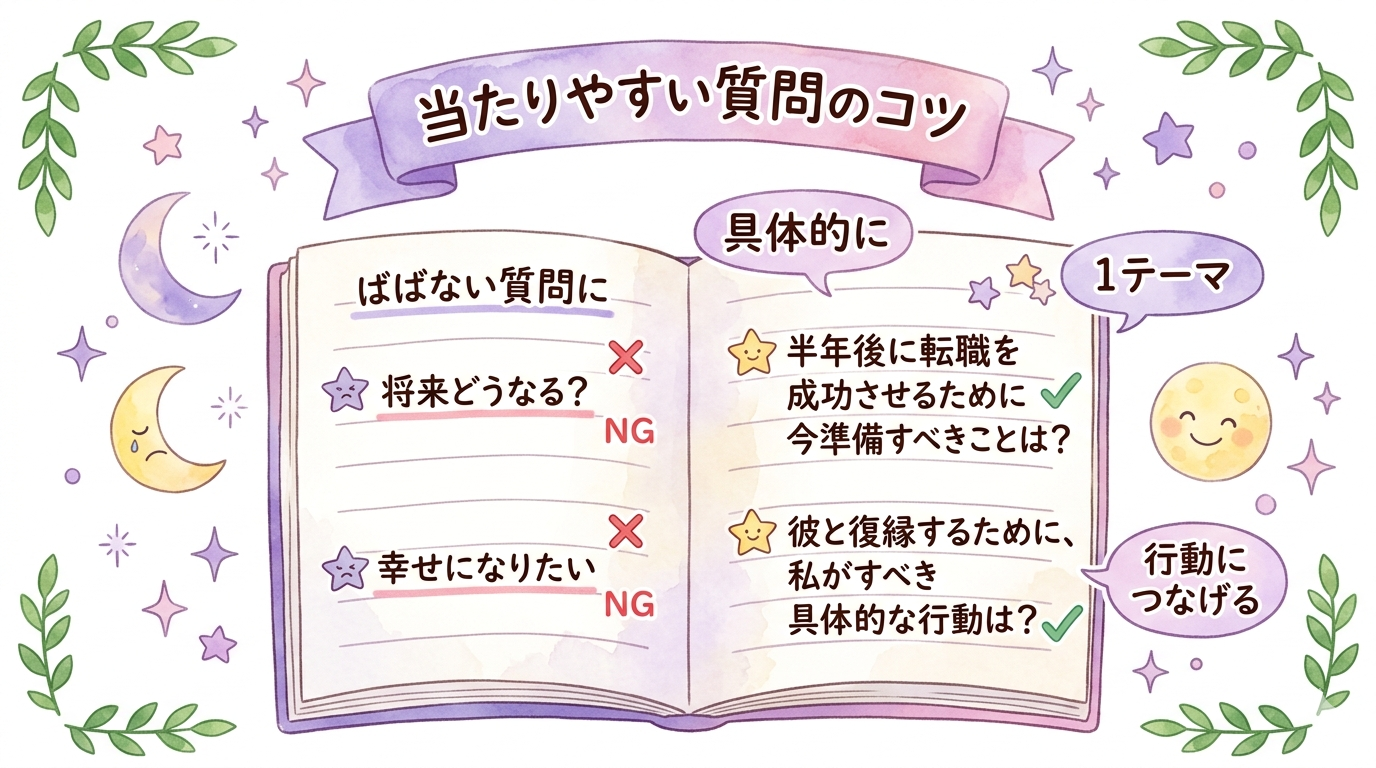 無料占いを当たりやすくする質問の作り方をまとめたイラスト