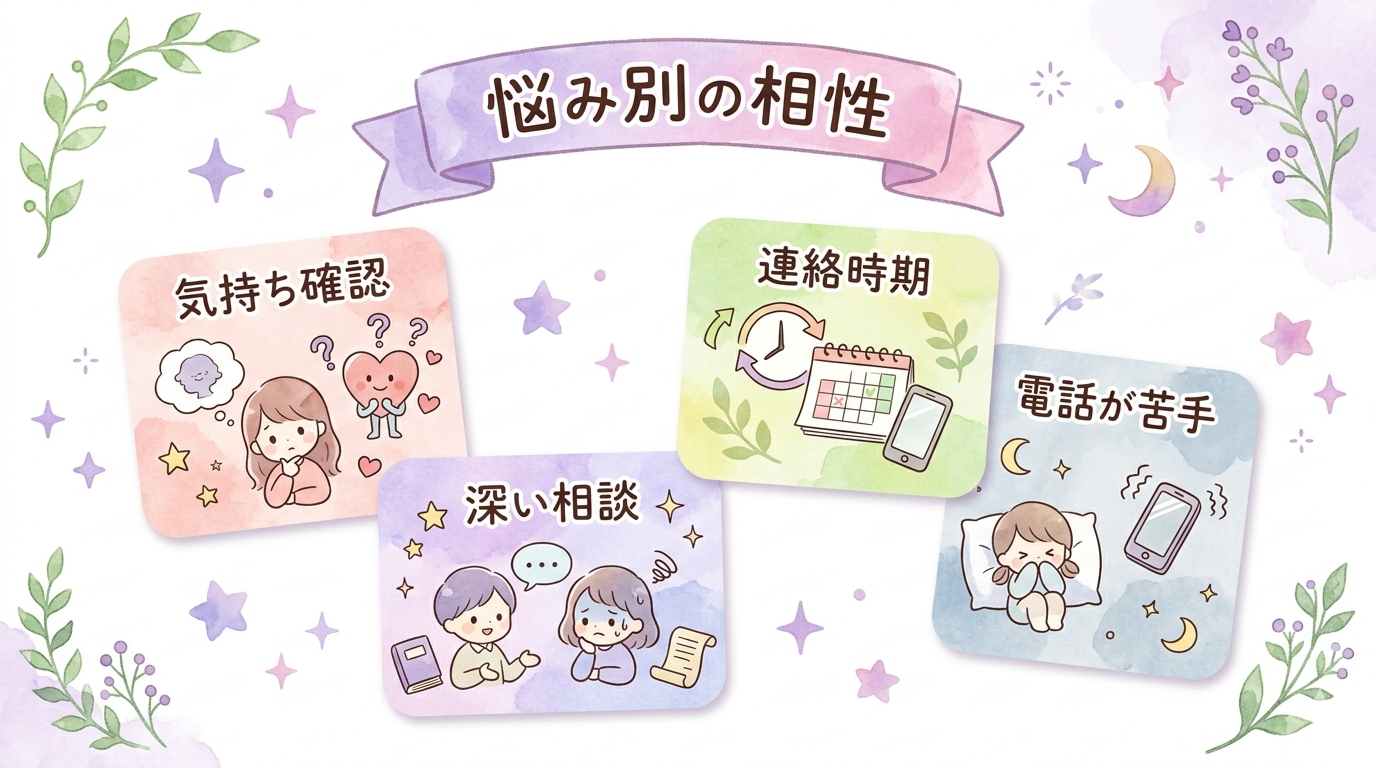 悩み別に相性がいい初回無料相談を整理したイラスト