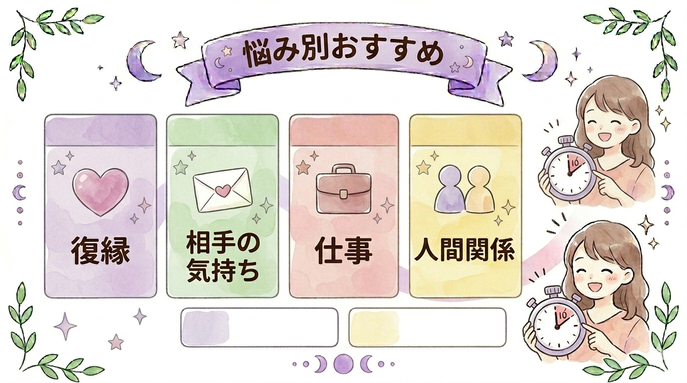 悩み別に初回無料の電話占いを選ぶイラスト
