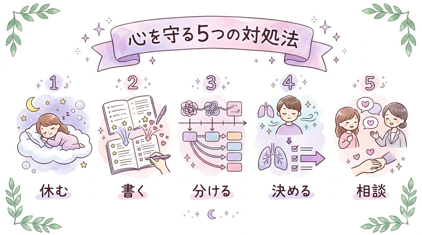ツインレイが怖い時に心を守りながら整理する5つの対処法を示したイラスト