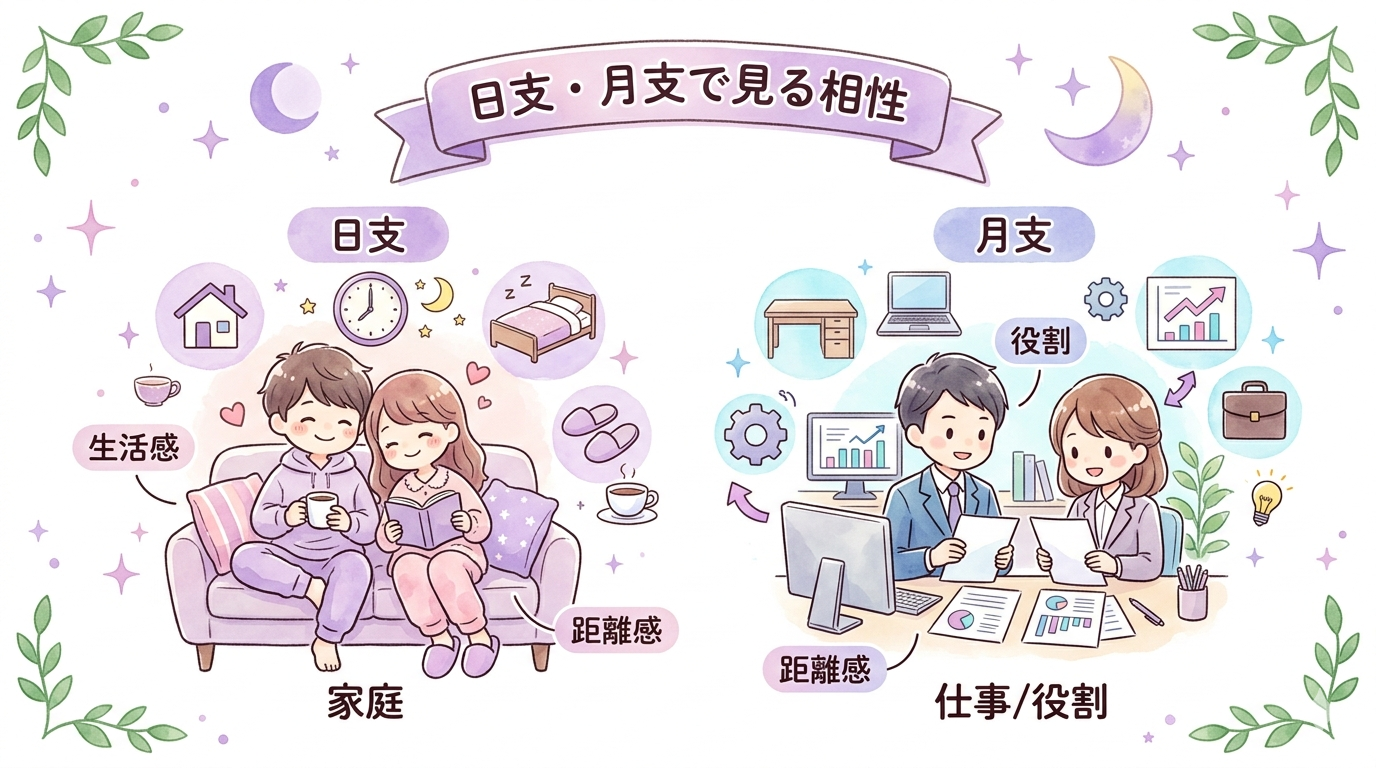 日支と月支で生活感や距離感を見る方法を解説するイラスト