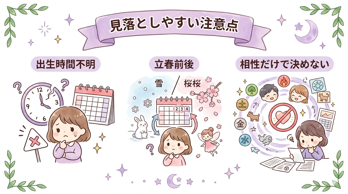 四柱推命の相性を調べる時に見落としやすい注意点をまとめたイラスト