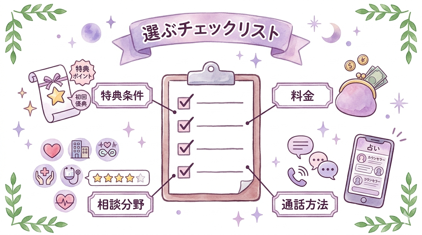 当たる電話占いを選ぶチェックリストをまとめたイラスト