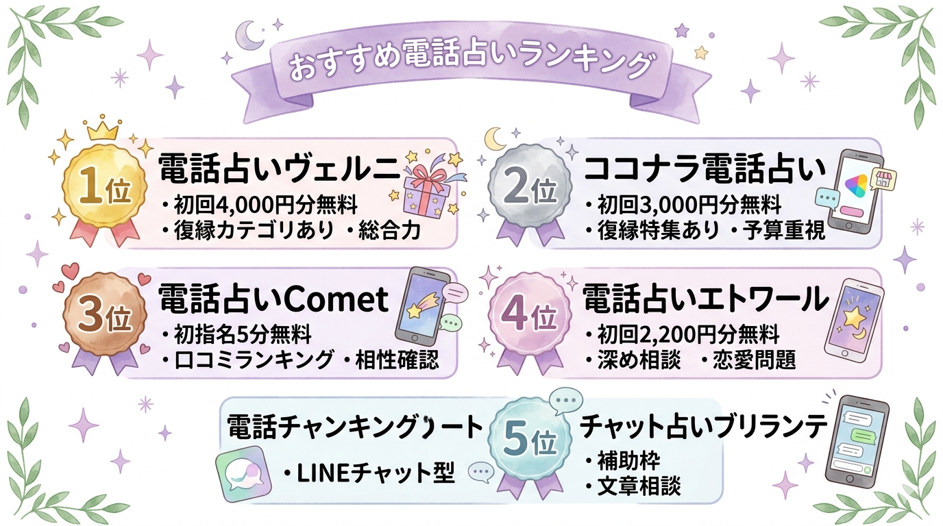 復縁相談におすすめの電話占いランキングをまとめたイラスト