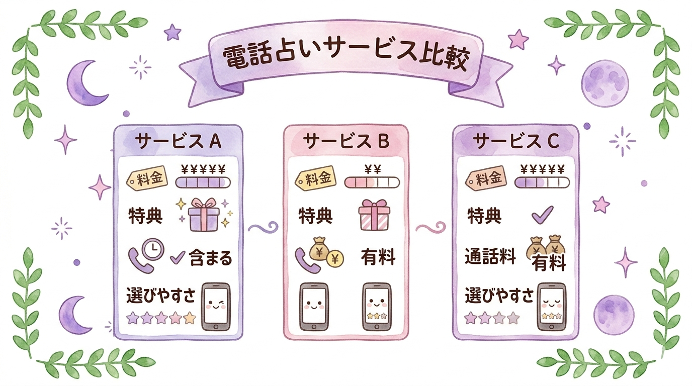 主要な電話占いサービスの料金比較イラスト