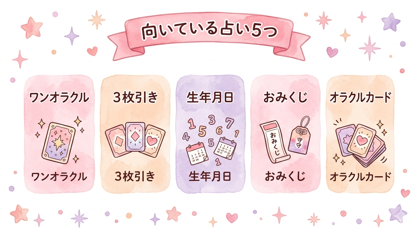 片思いを自分で占うのに向いている占い5つをまとめた図解