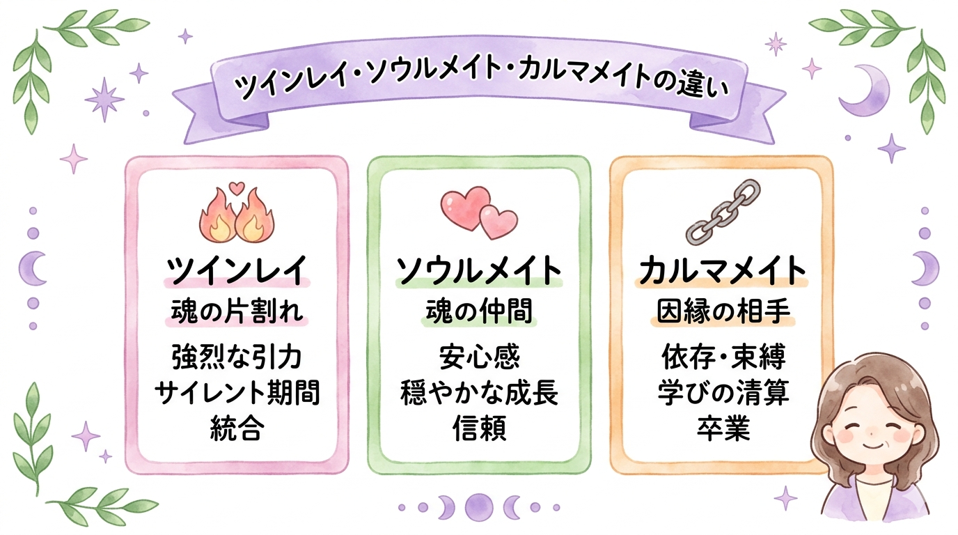 ツインレイ・ソウルメイト・カルマメイトの違いと恋愛パターン比較