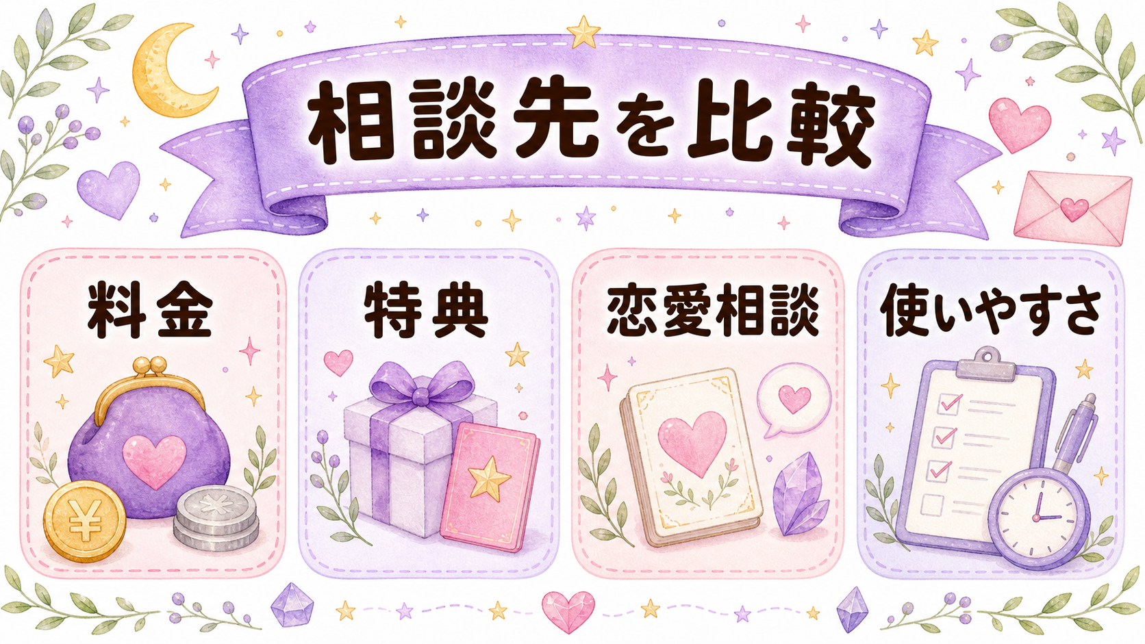 ツインレイ相談先を料金や特典で比較するイラスト