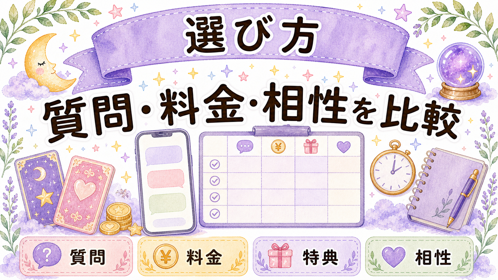不倫を終わらせたい時に電話占いへ相談する前の比較ポイントイラスト