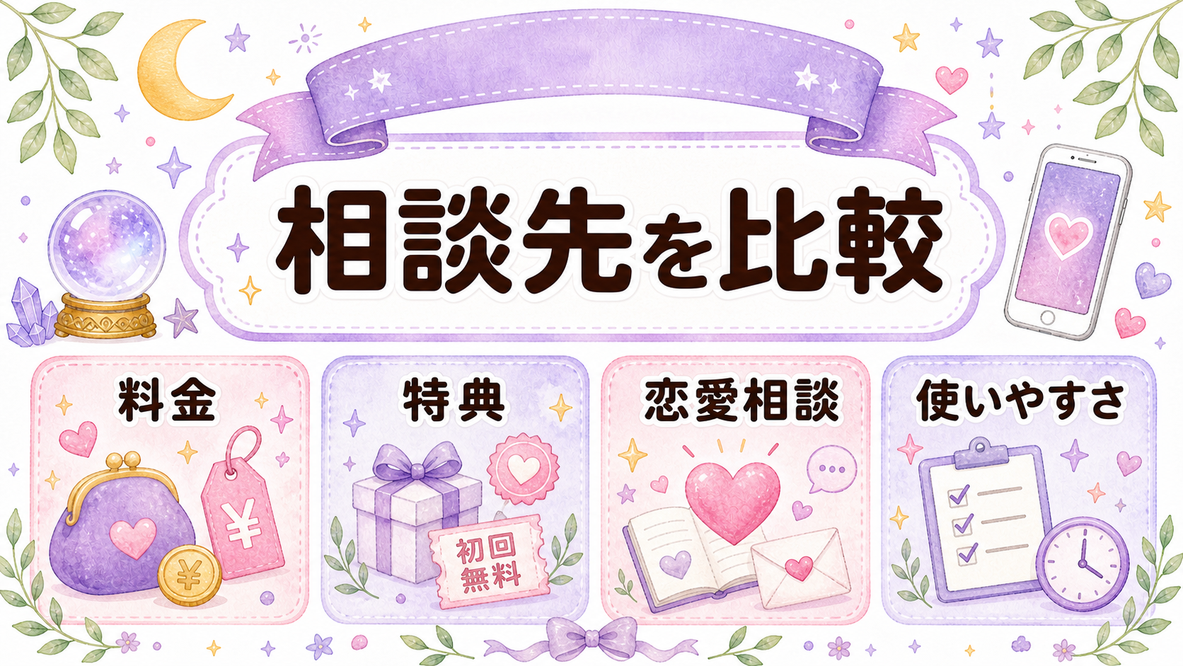彼女作りの相談先を料金や特典で比較するイラスト