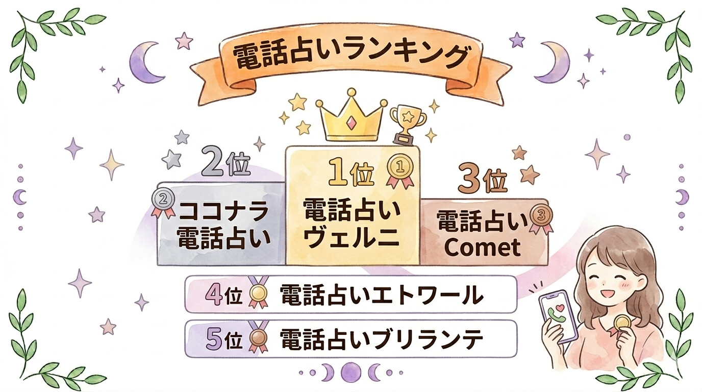 電話占いランキングの固定5社を示すイラスト