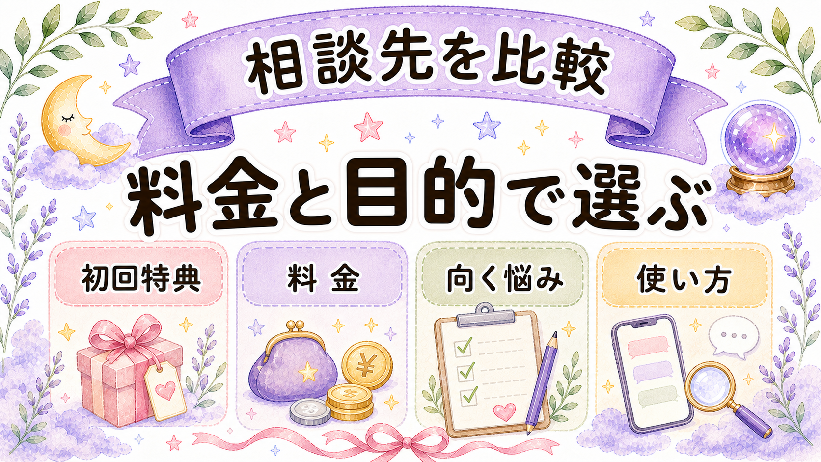 既婚男性の悩みを相談する電話占い比較ポイントを示すイラスト