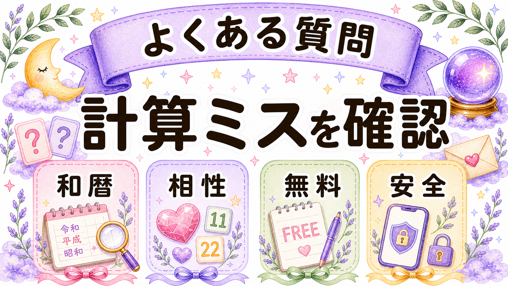 数秘術ライフパス計算のFAQを示す高密度水彩イラスト