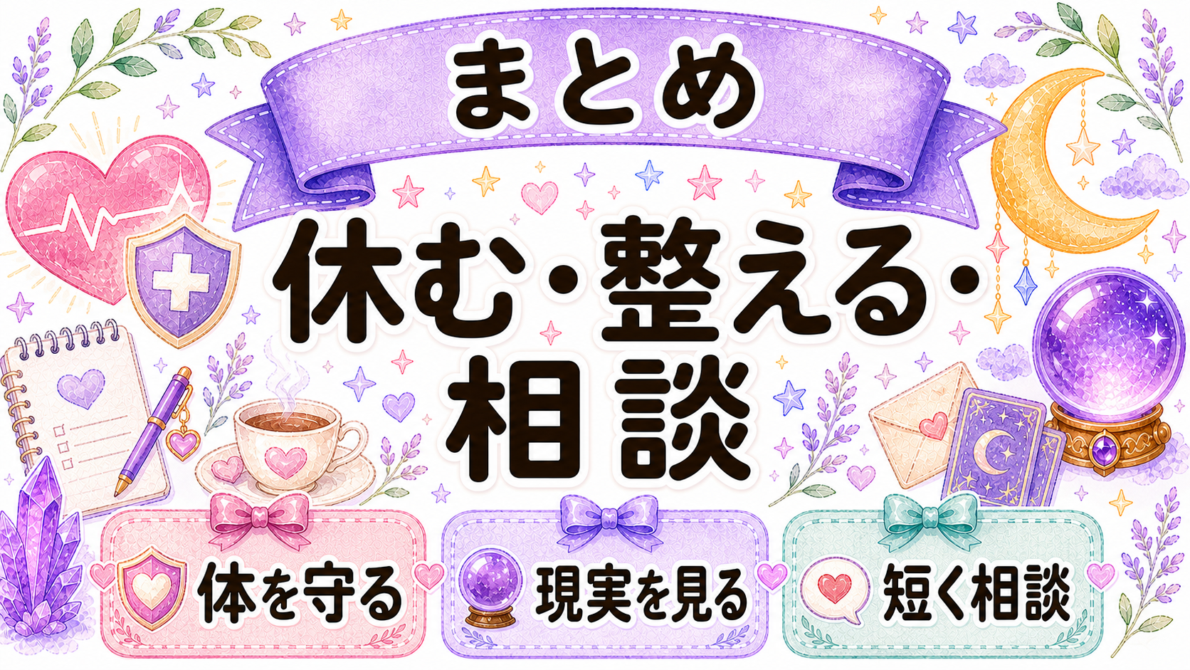 ツインレイの胸の痛みは休む整える相談することが大切だと示すまとめイラスト
