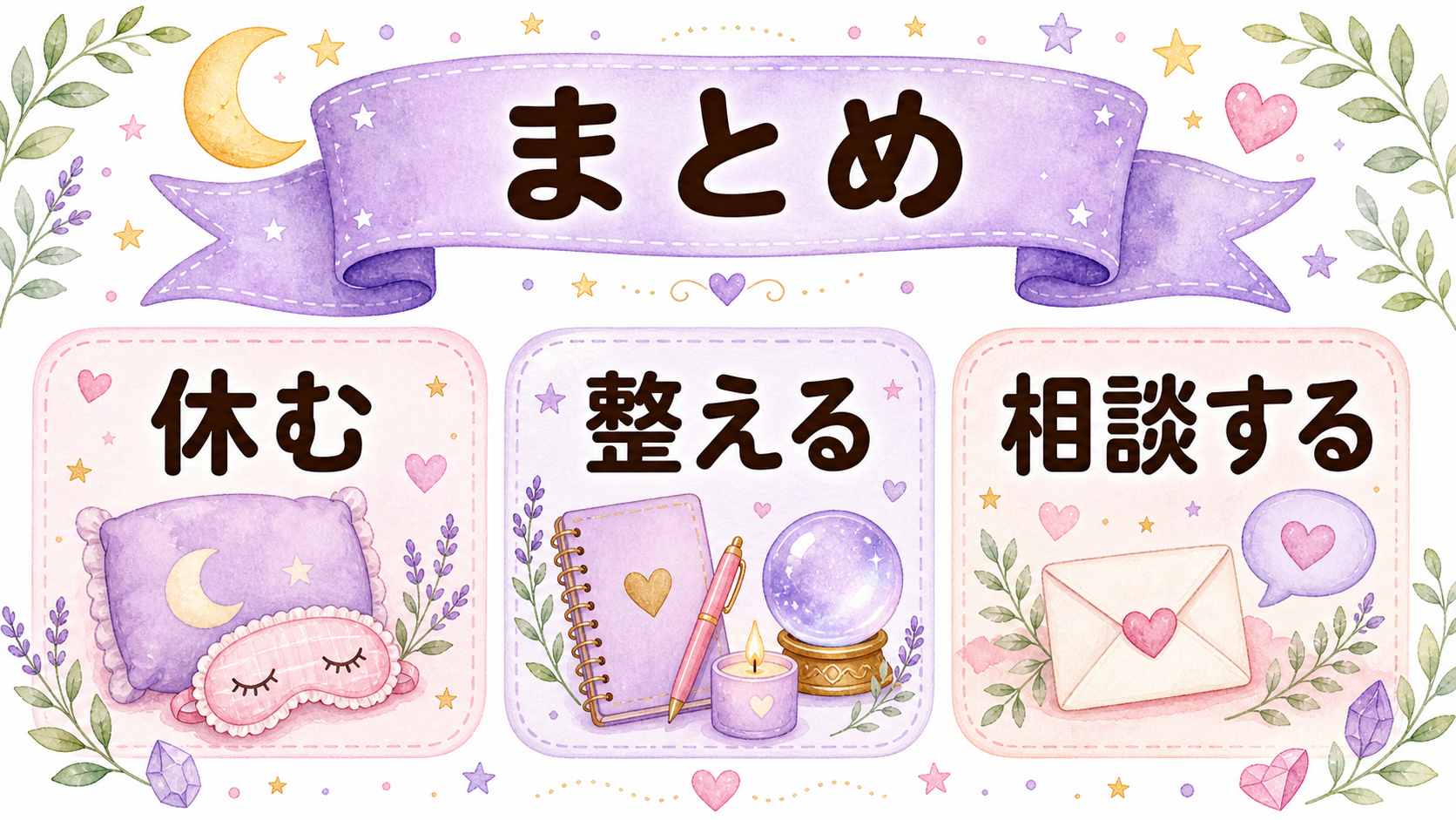 ツインレイの体調不良は休む整える相談することが大切だと示すまとめイラスト