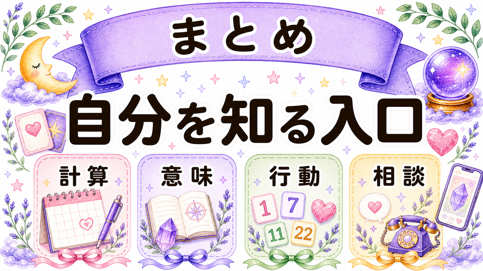 数秘術ライフパス計算のまとめを示す高密度水彩イラスト
