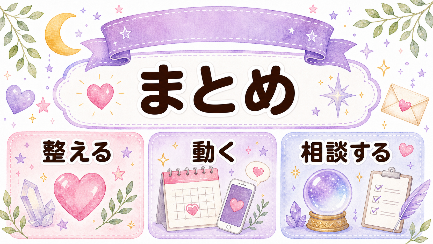 彼女作りは整える動く相談するの3つが大切だと示すまとめイラスト