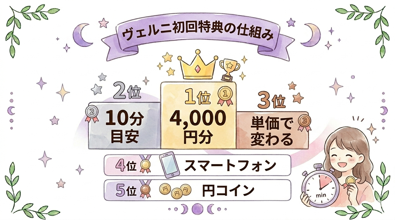 ヴェルニ初回無料特典の仕組みを示すイラスト