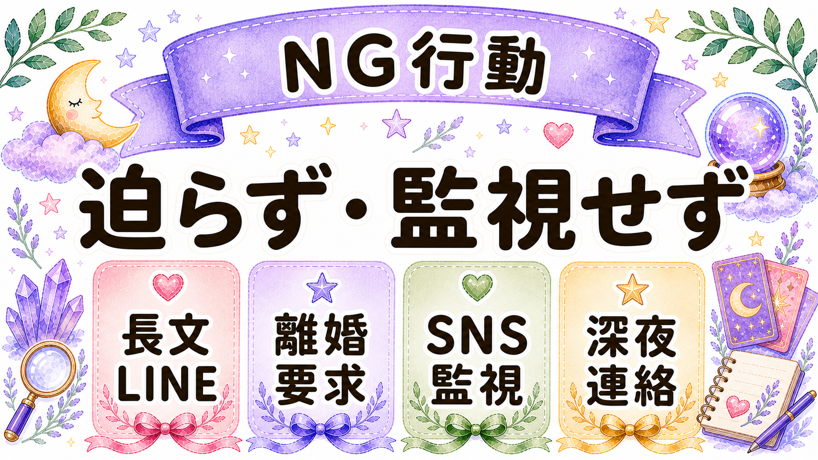 既婚のツインレイ相手に避けたいNG行動を示す水彩イラスト