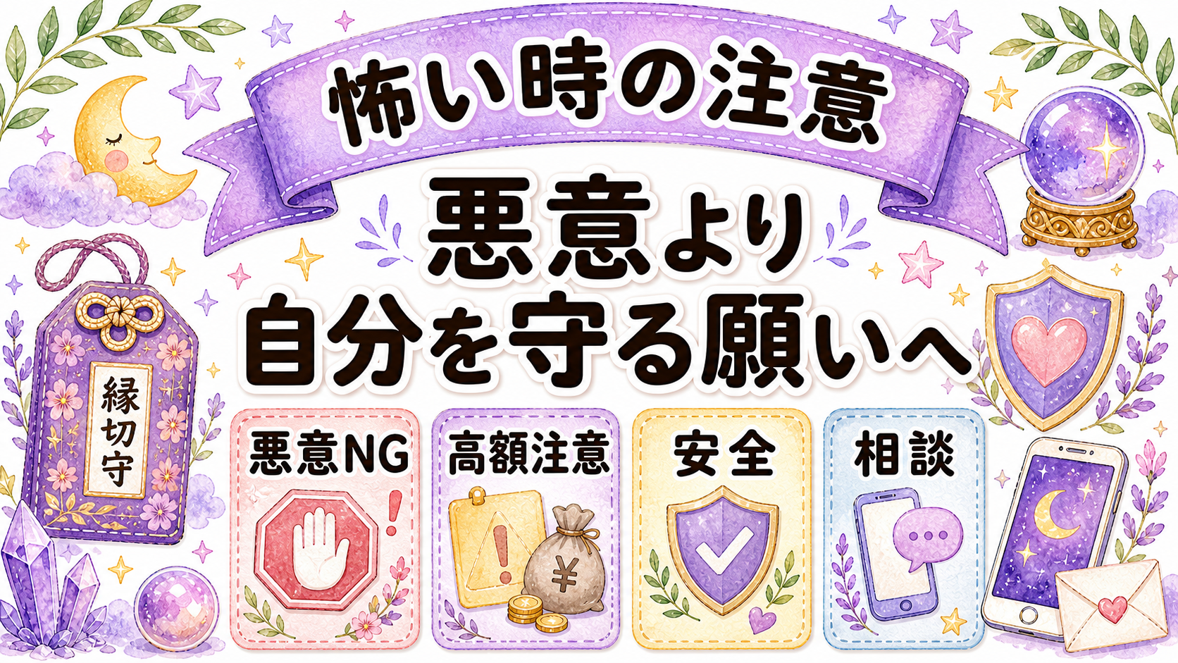 縁切りお守りが怖い時の注意点を示すイラスト