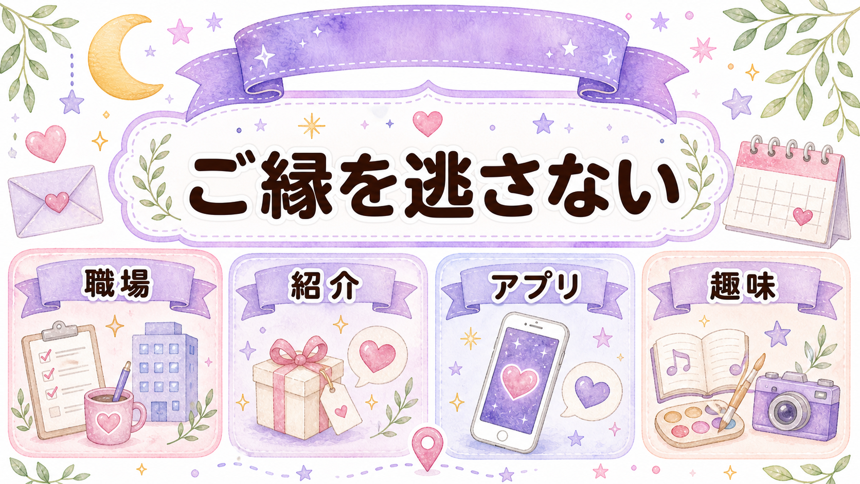 職場や紹介やアプリでご縁を逃さないポイントを示すイラスト