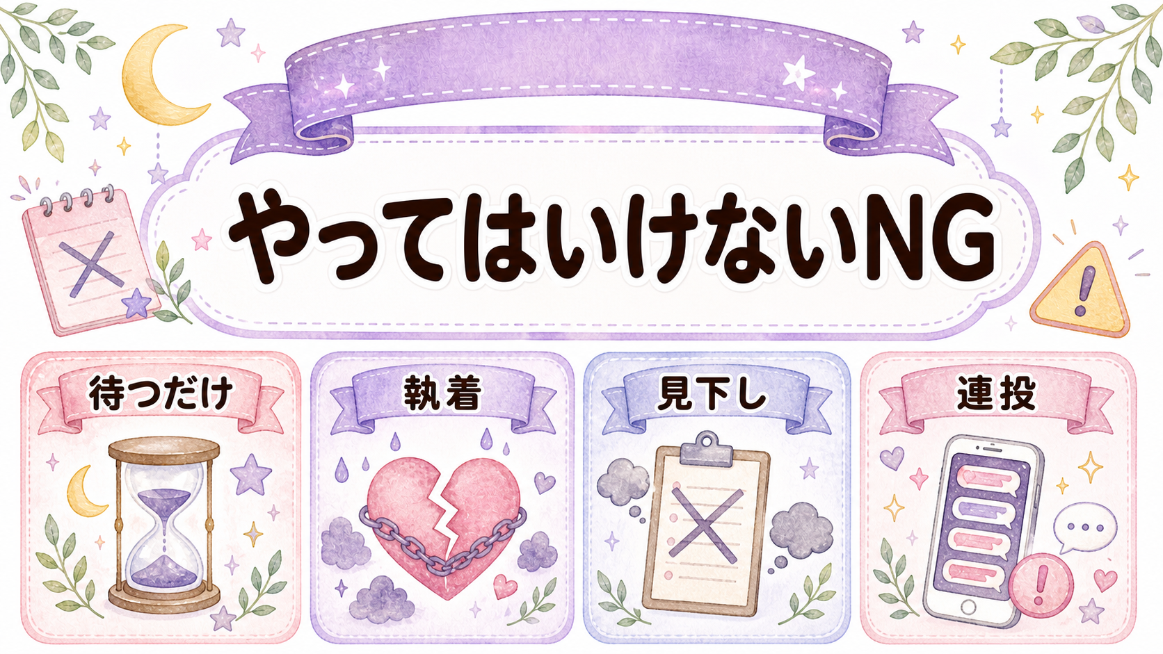 彼女を作りたい時に避けたいNG行動を示すイラスト