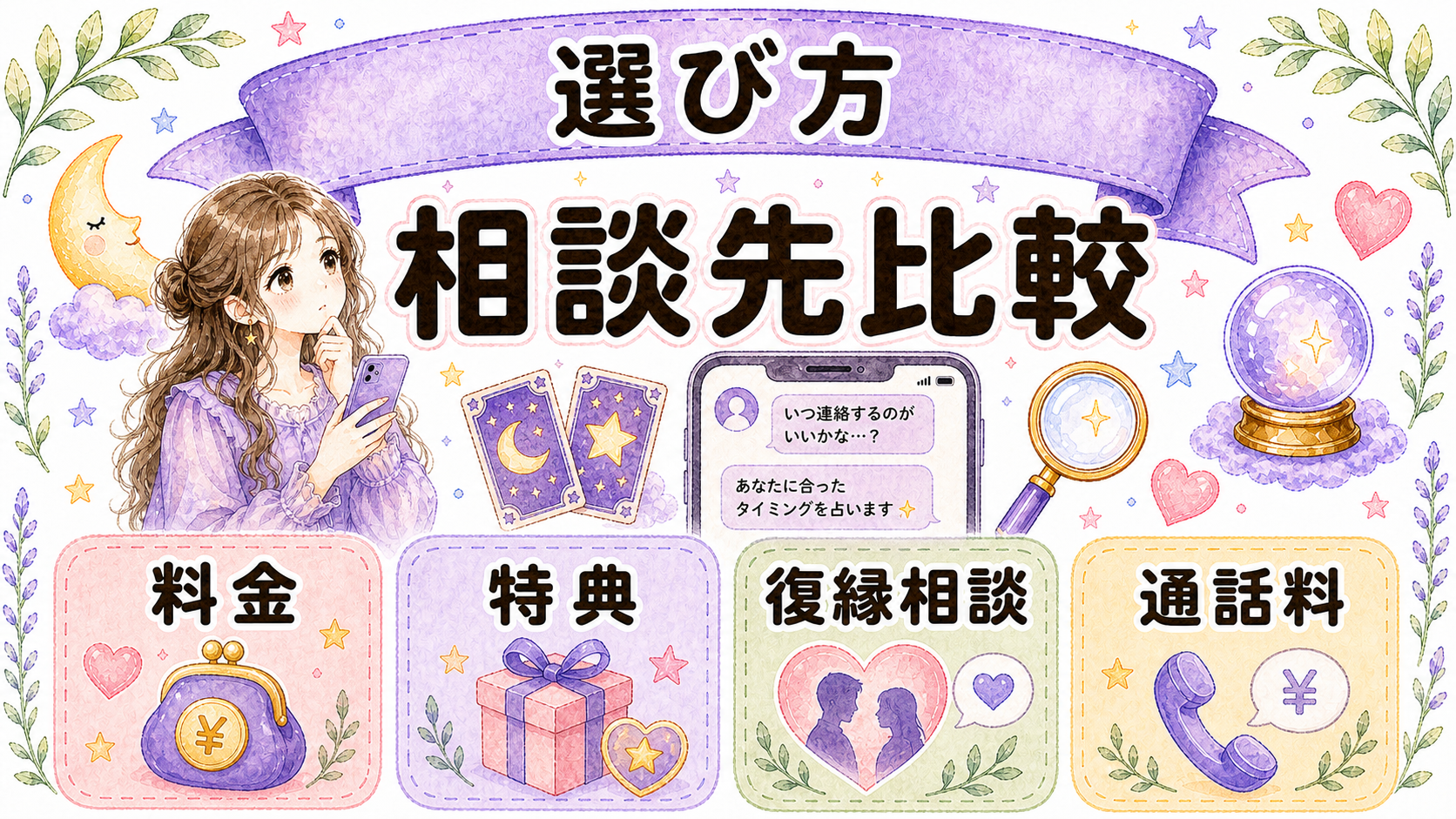 電話占い相談先を料金や初回特典で比較するイメージ