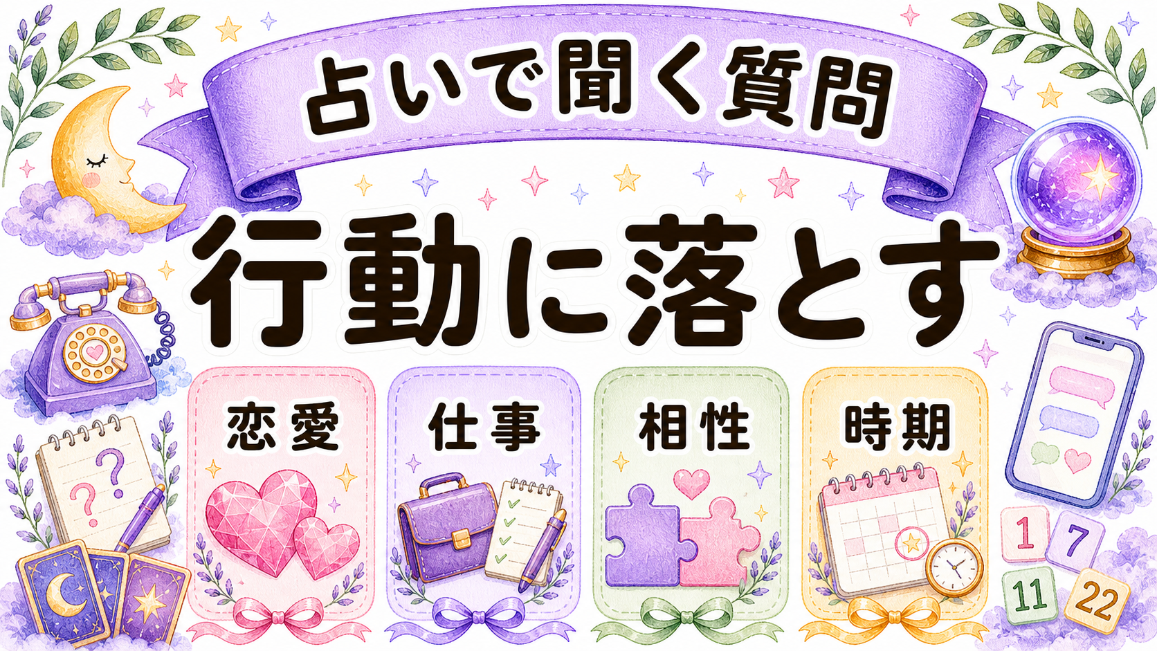 数秘術の結果を占い相談で行動に落とす質問例を示す高密度水彩イラスト