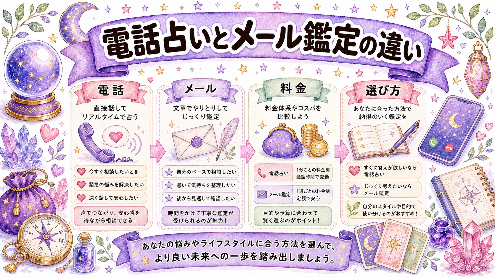 電話占いとメール鑑定の違い|どっちが向く?料金・相談内容・失敗しない選び方