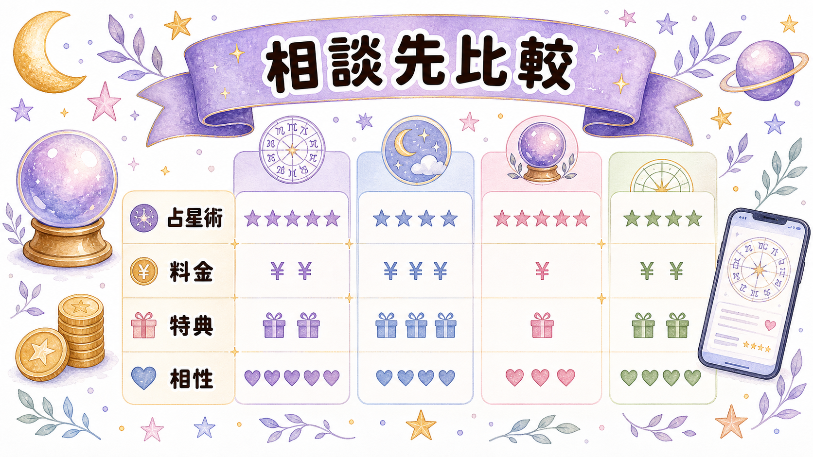 占星術相談先を料金特典相性で比較する図解