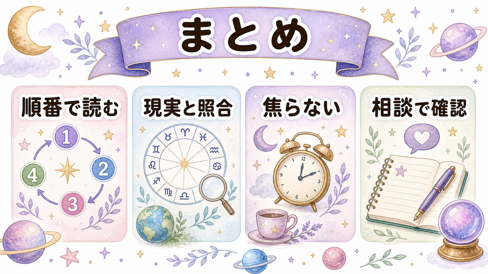 占星術トランジットの読み方のまとめを示す図解