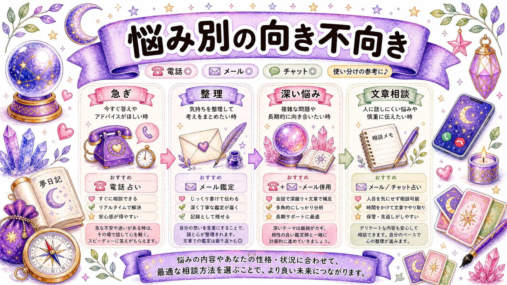 電話占いが向く悩みとメール鑑定が向く悩みの図解