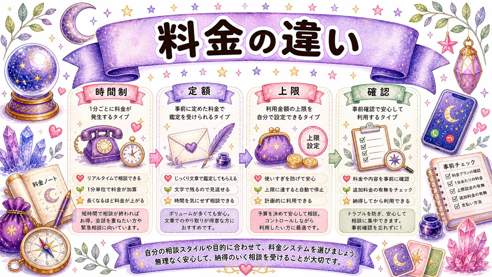 料金は電話が時間制、メールは定額になりやすいの図解