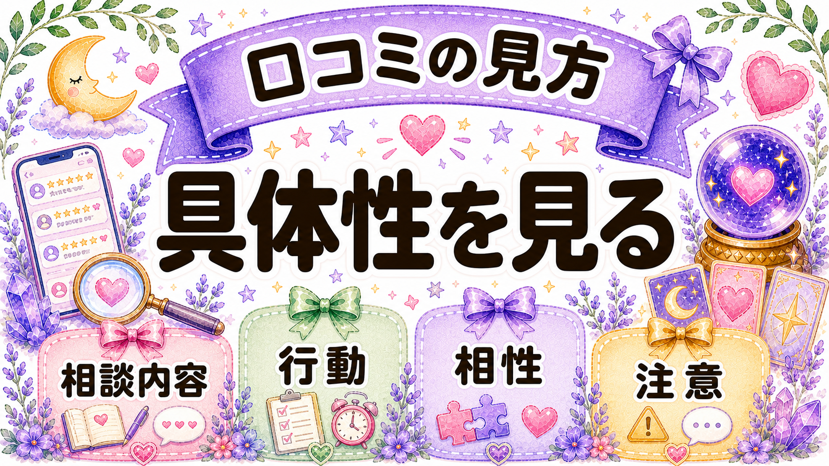 電話占いの口コミと当たる先生の見方を説明するイラスト