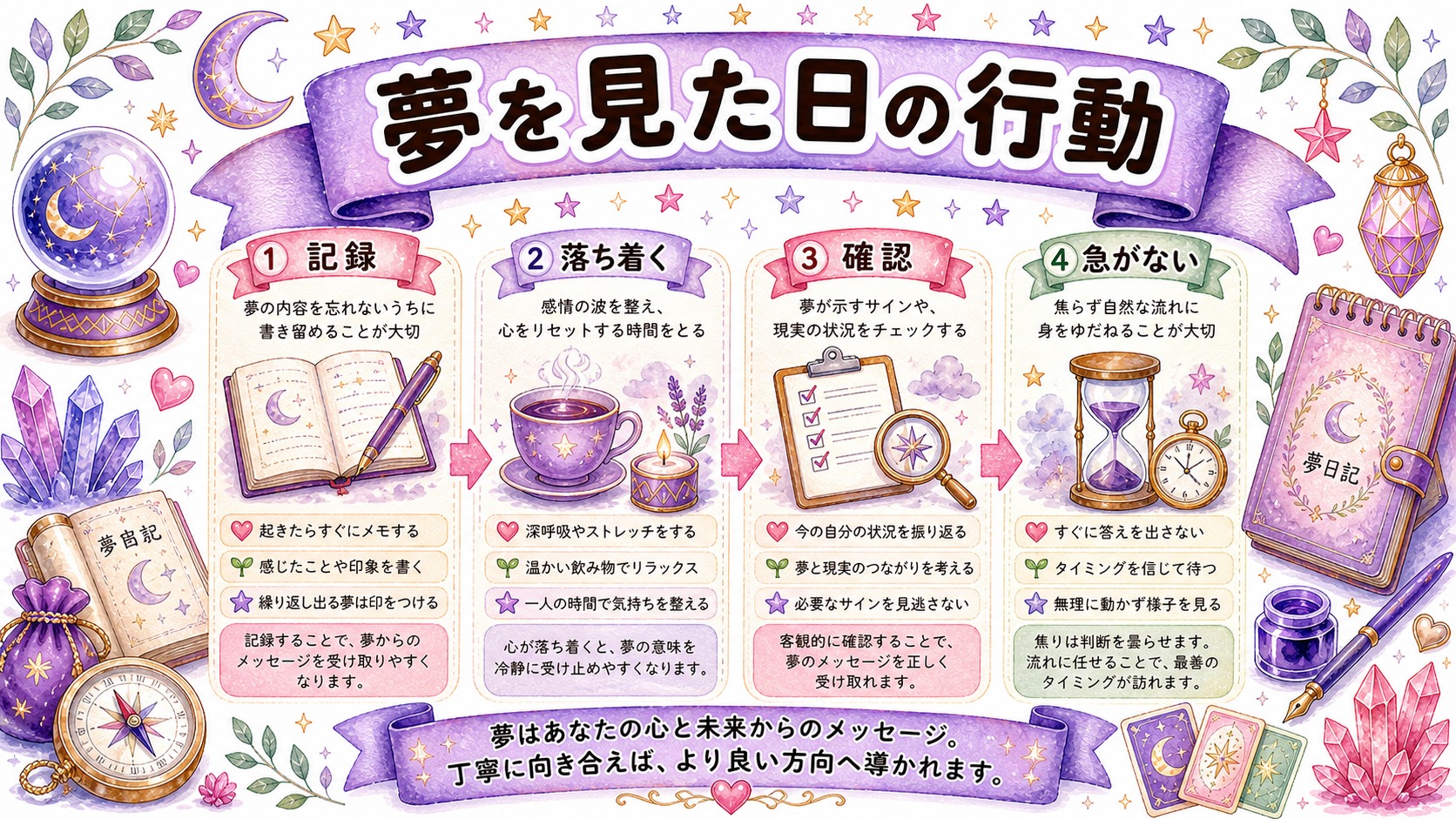 夢を見た日の行動は記録して急がないの図解