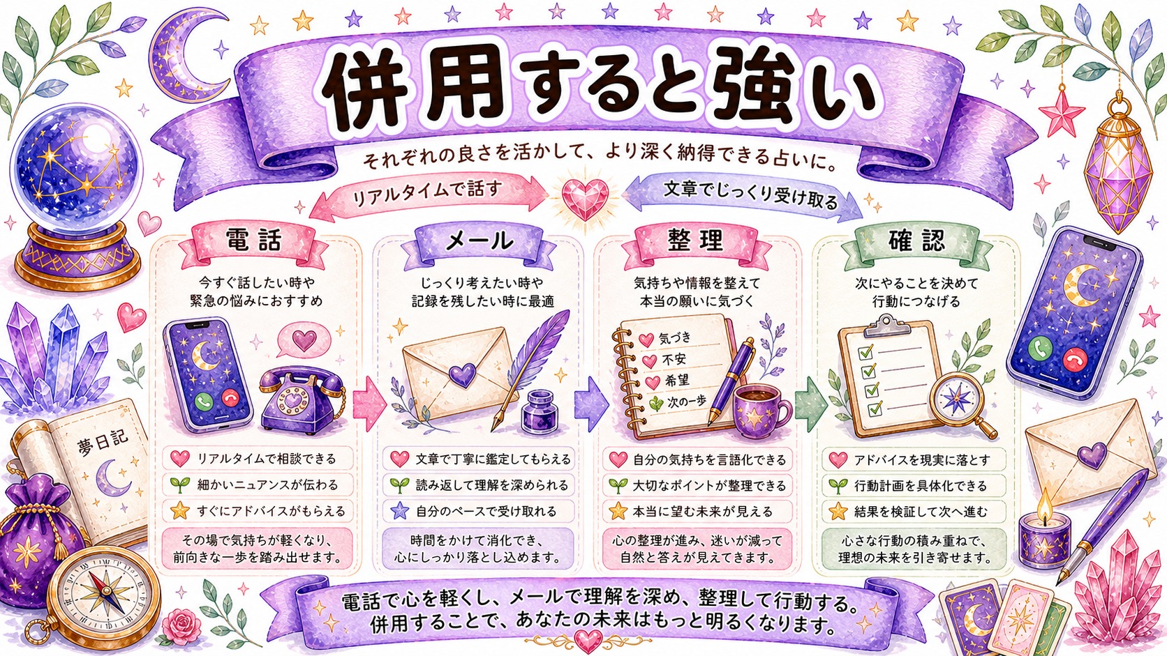 電話占いとメール鑑定は併用すると強いの図解