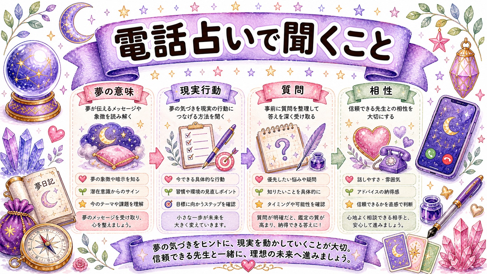 電話占いで相談するなら夢の意味だけでなく現実行動まで聞くの図解