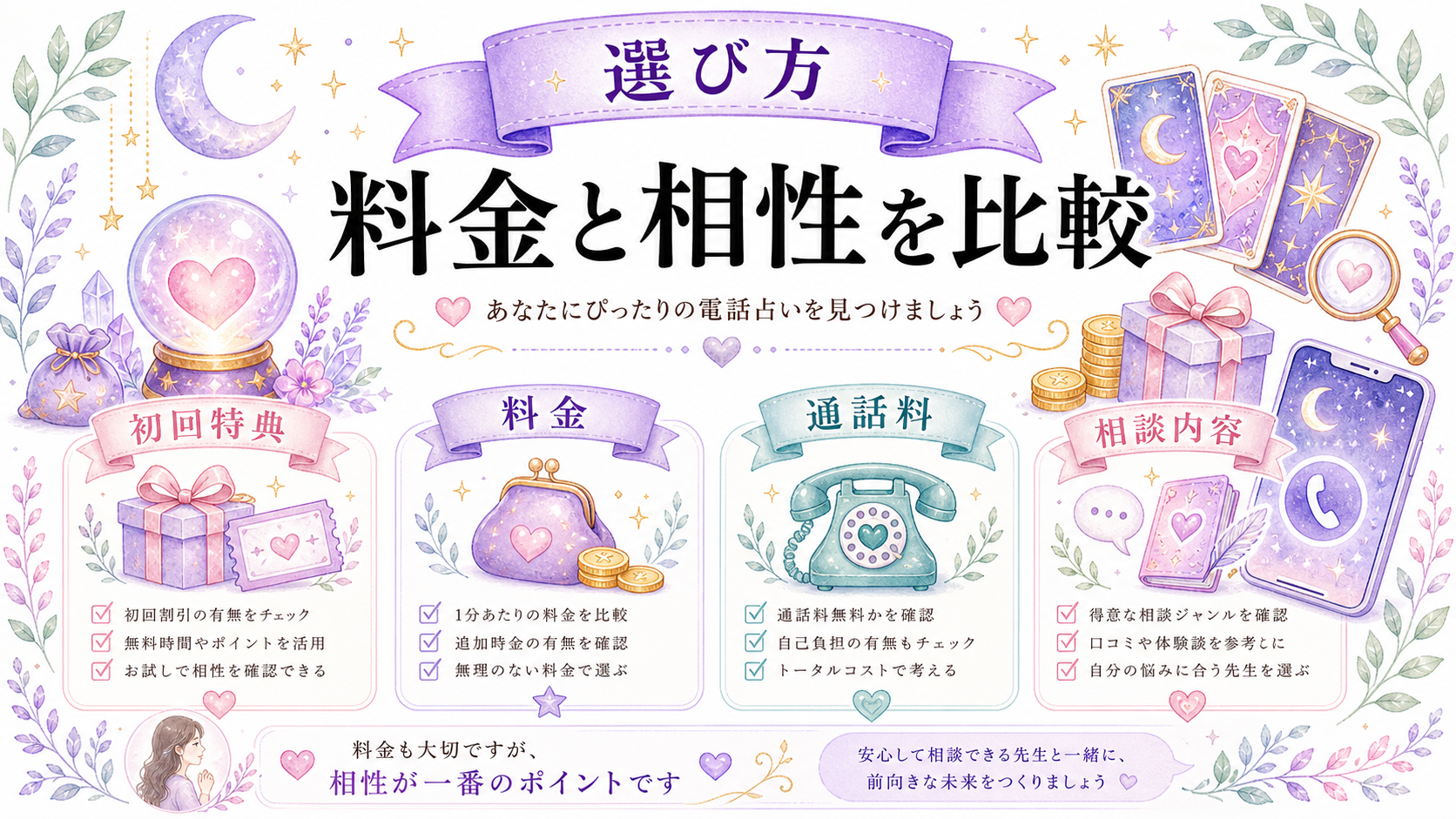 恋愛相談に使いやすい電話占いサービス比較表の図解