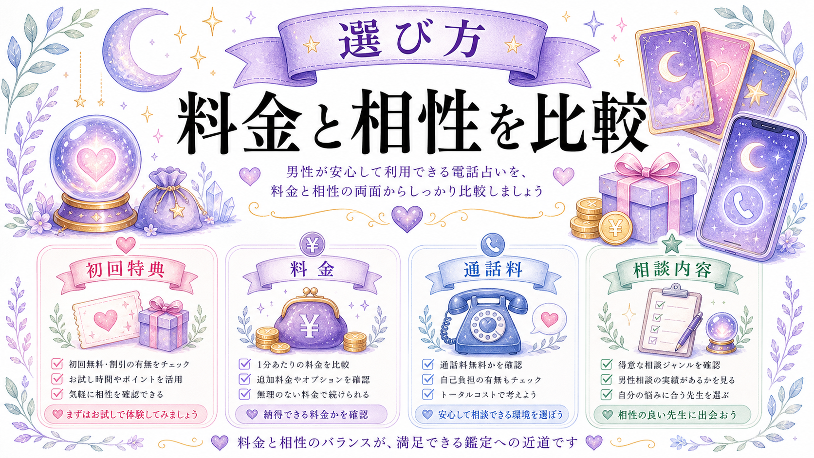 男性にも使いやすい電話占いサービス比較表の図解