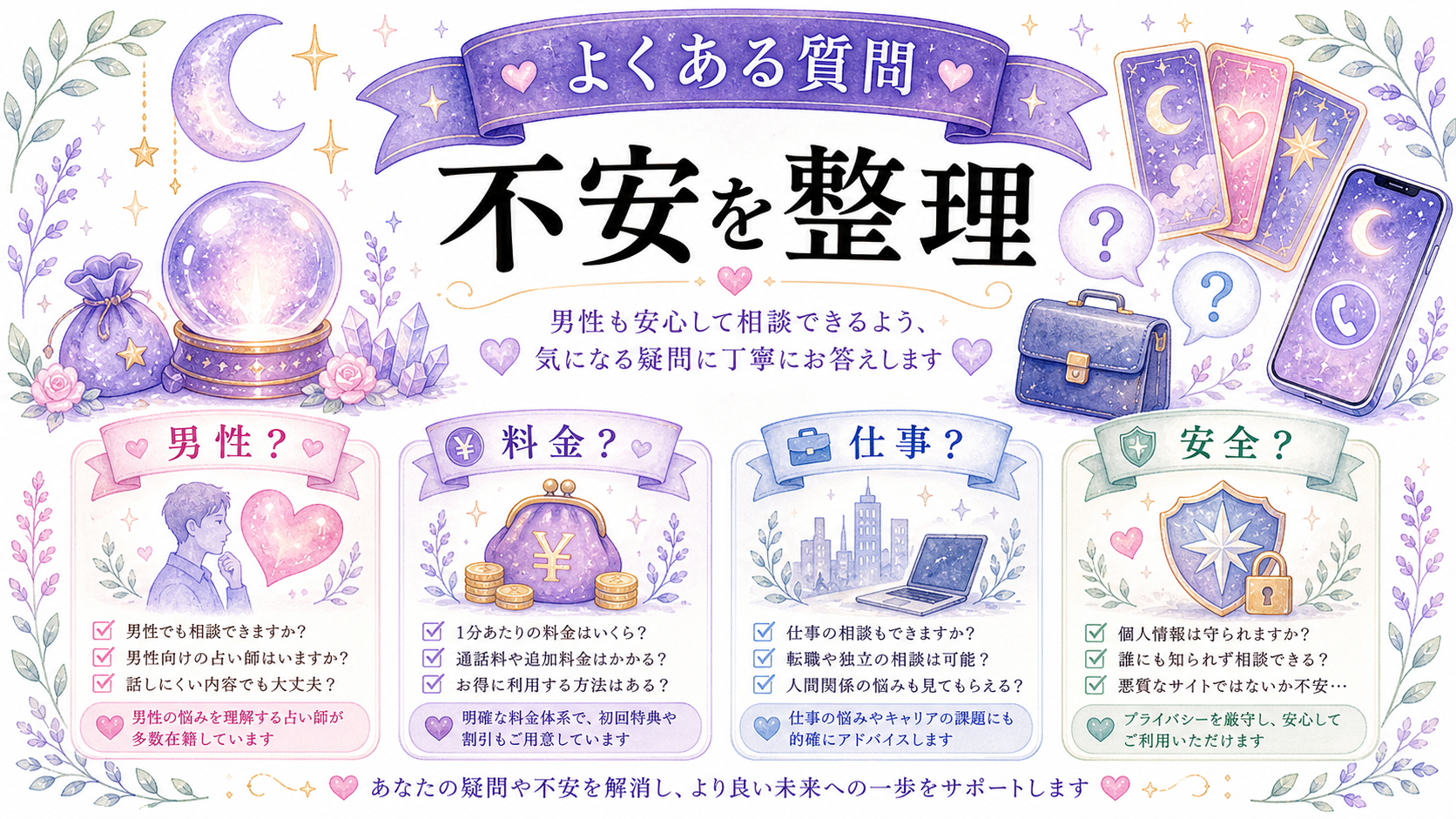電話占いは男性にもおすすめ?男の恋愛・仕事相談に使いやすいサービスを解説のFAQ図解
