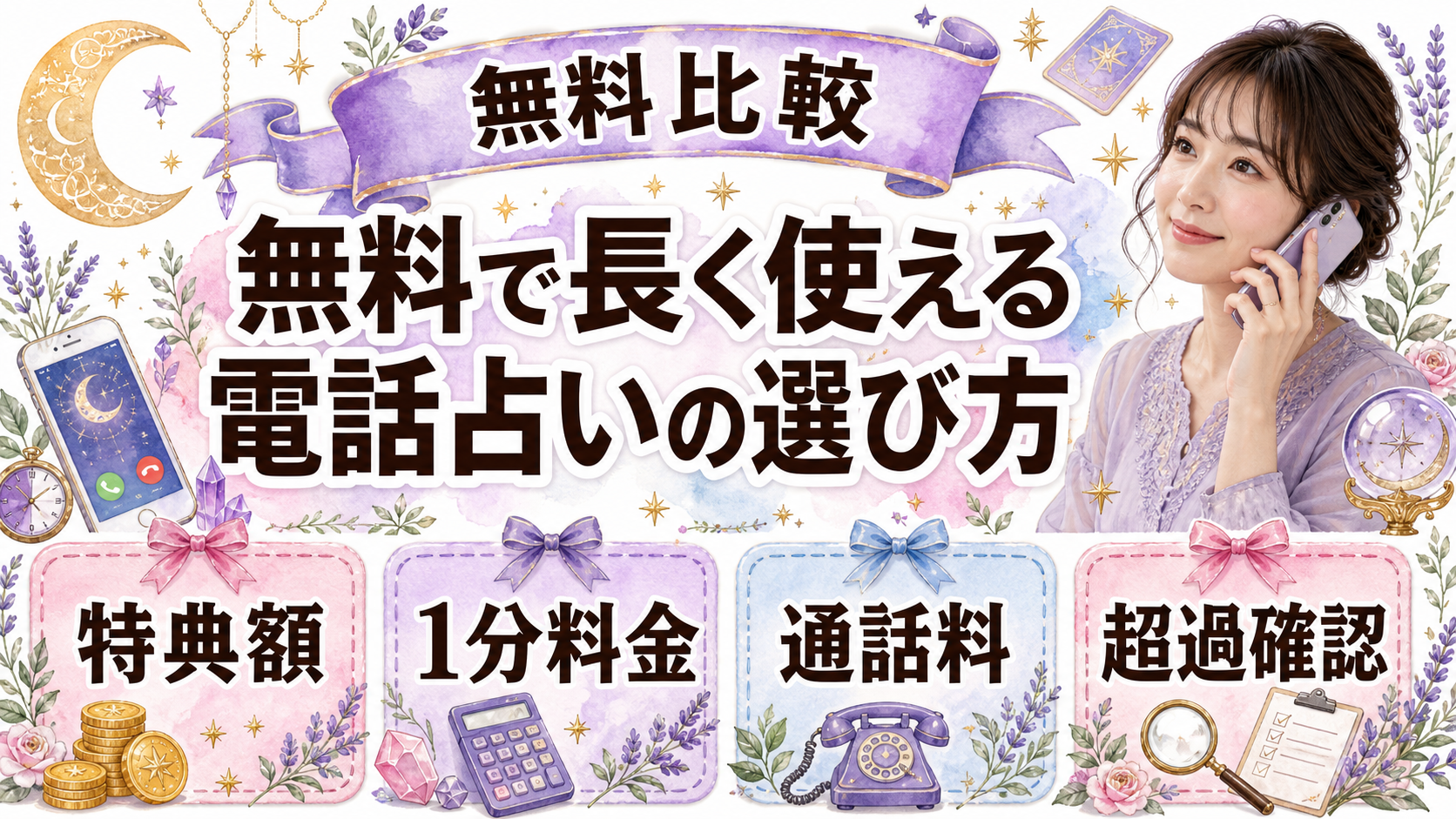電話占いを無料で長く使えるサービスは？特典時間と超過条件を比較