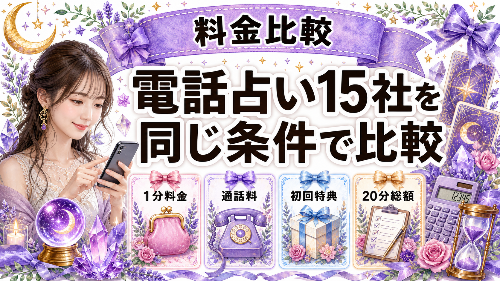 電話占い全サービスの料金比較｜15社の1分単価・通話料・初回特典