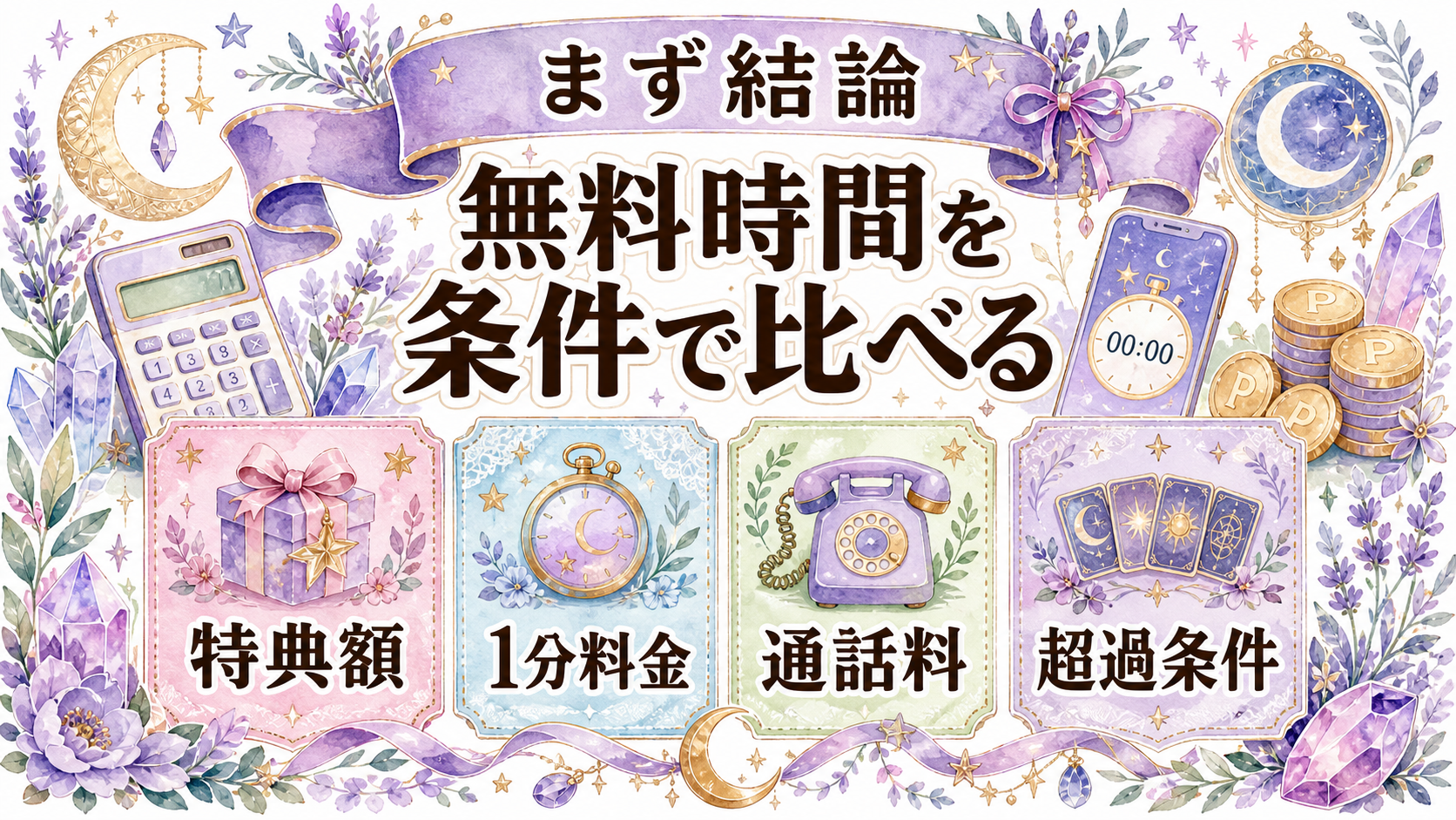 電話占いを無料で長く使えるサービスは?特典時間と超過条件を比較 無料で長く使える電話占いの結論