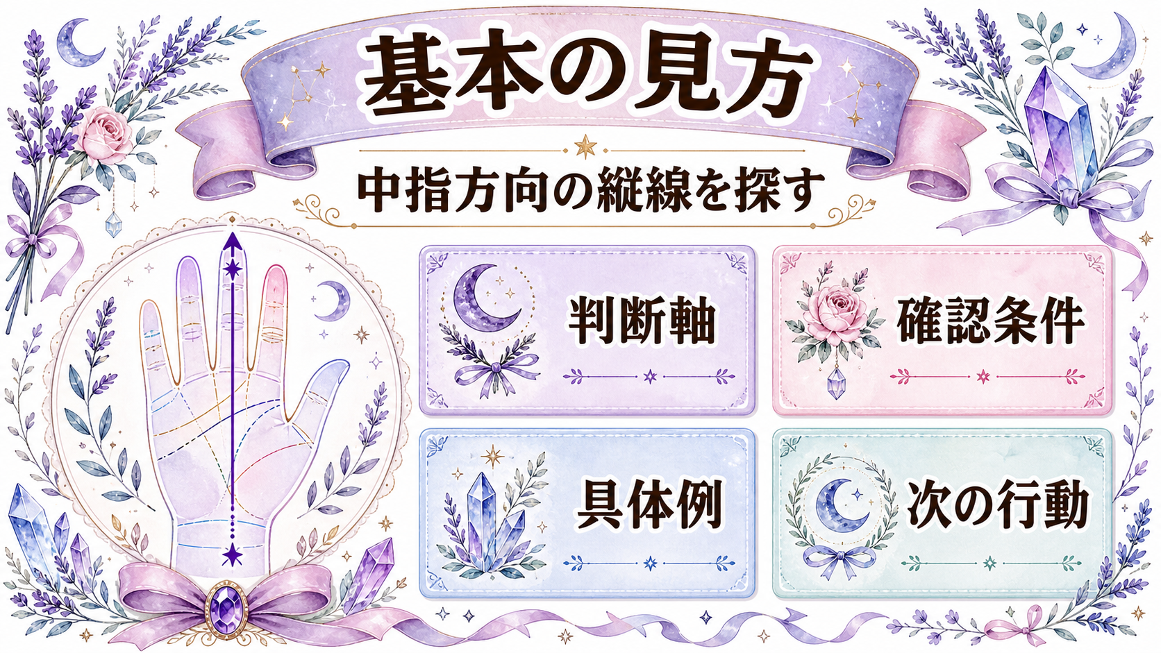 手相の運命線の見方と意味|位置・長さ・濃さ・分岐を図解 手相の運命線はどこにあるか