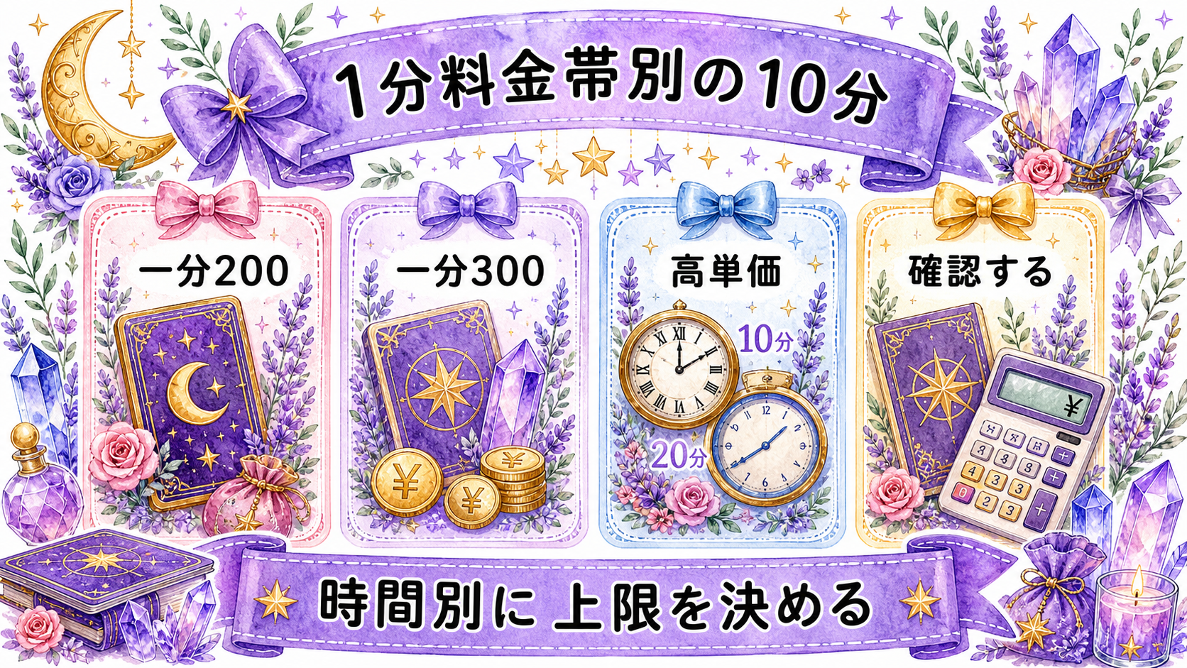 電話占い全サービスの料金比較｜15社の1分単価・通話料・初回特典 1分料金帯別の10分・20分費用目安