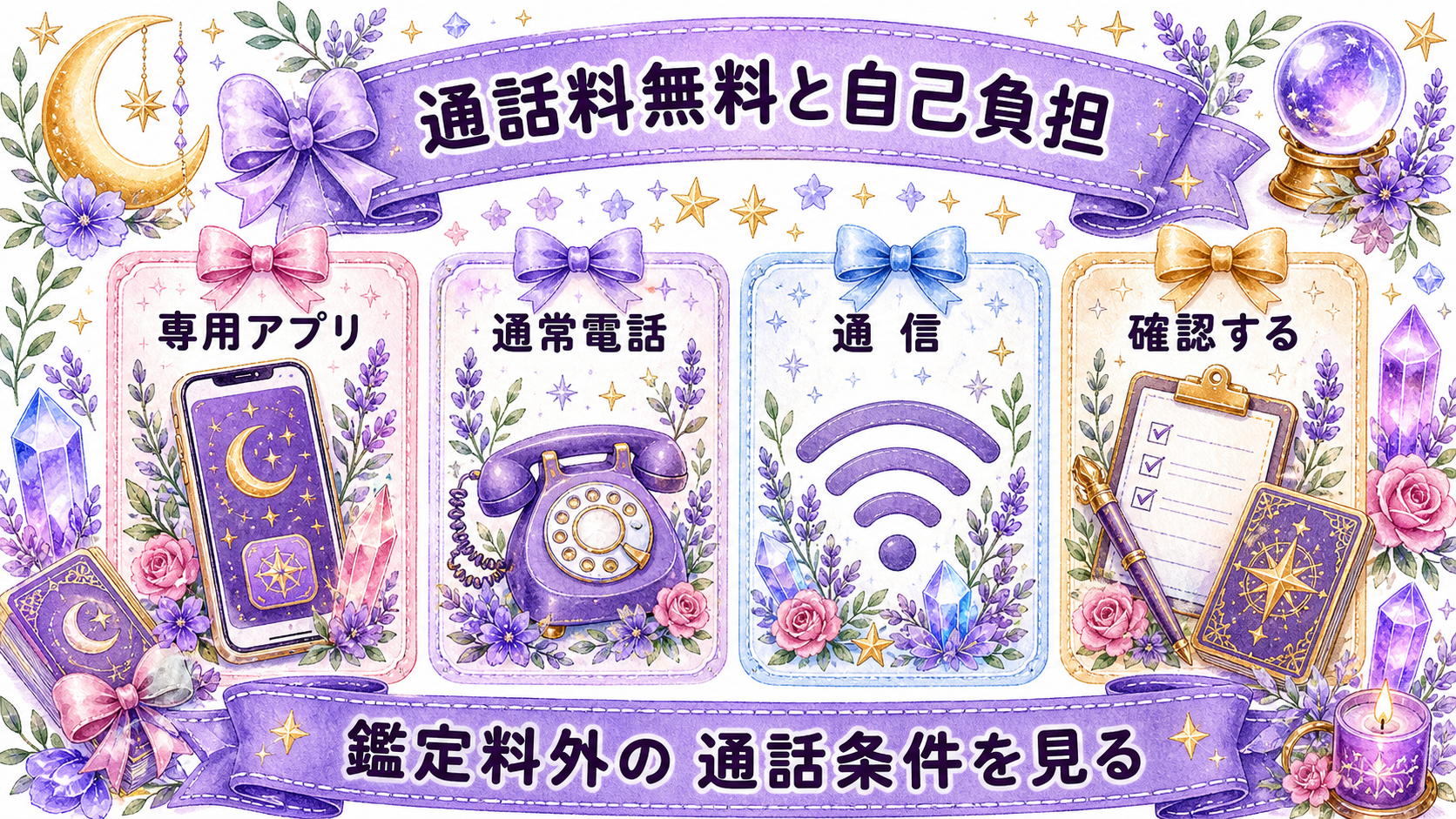 電話占い全サービスの料金比較｜15社の1分単価・通話料・初回特典 通話料無料と自己負担を比較する